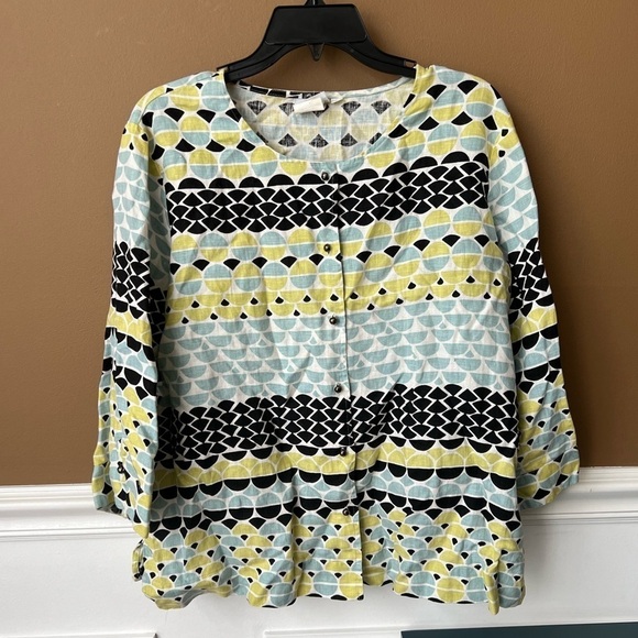Hot Cotton Tops - HOT COTTON PETITE Womens Patterned Linen Top Cardigan Size Large Retro Vintage